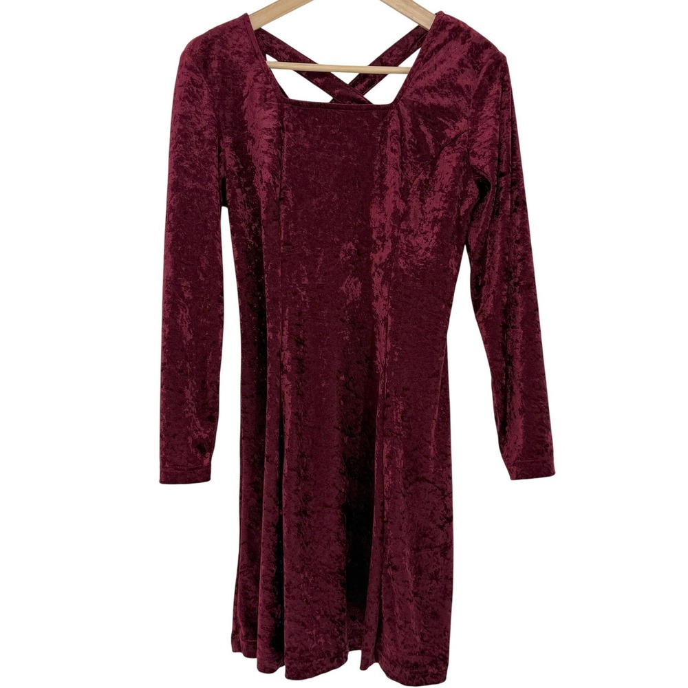 Jamie Brooke Burgundy Crushed Velvet Cross Back‎ Long Sleeve Mini Dress Size 6